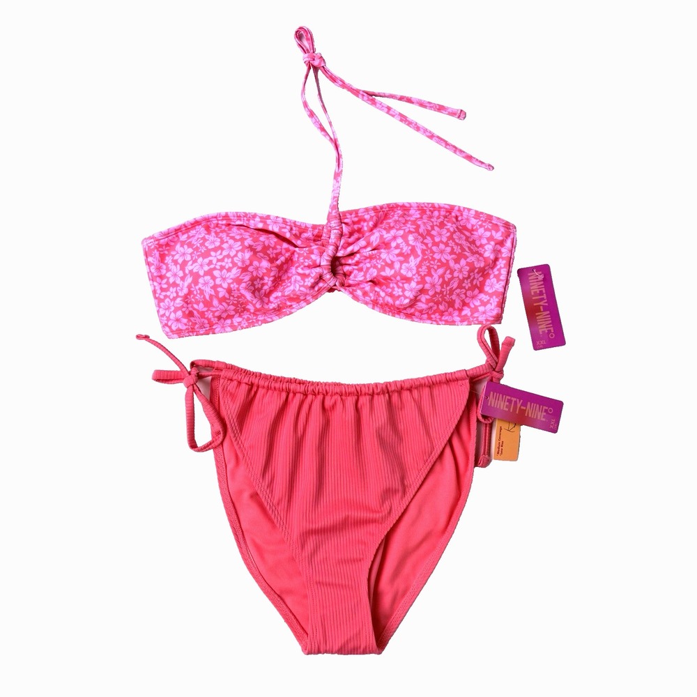 New Floral Tropical Print Bikini Swimsuit Top String Bottom Set Jr XXL 19 Pink